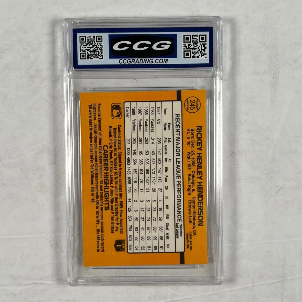 Rickey Henderson 1989 Donruss #245 New York Yankees CCG 10 Gem Mint Graded Card